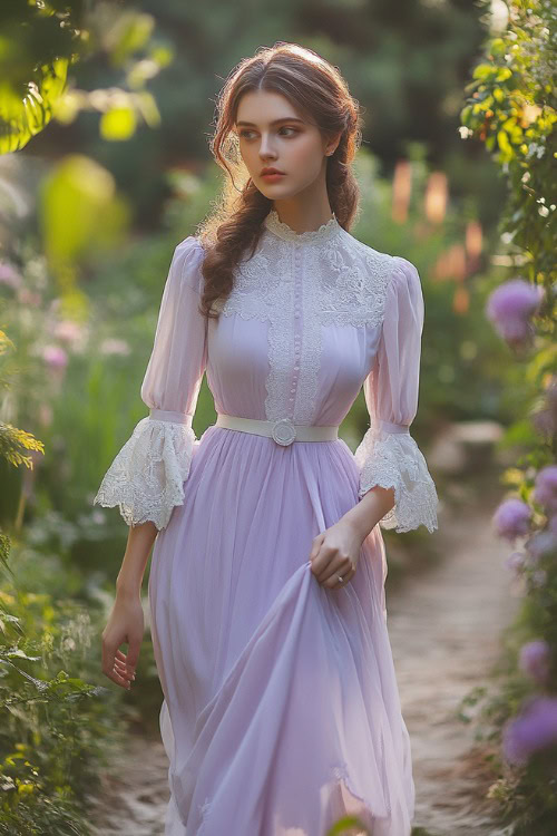 A woman in a lavender knee-length dress with a delicate lace trim, bishop sleeves, and an elegant belt, walking along a wedding reception garden path