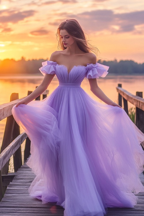 A woman in a lavender tea-length tulle dress with off-the-shoulder ruffled sleeves and a cinched waist, walking along a wooden pier at a sunset wedding by the lake