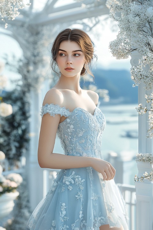 A woman in a light blue knee-length A-line dress with a sweetheart neckline and delicate floral embroidery, standing by a white wedding gazebo adorned with fresh spring flowers