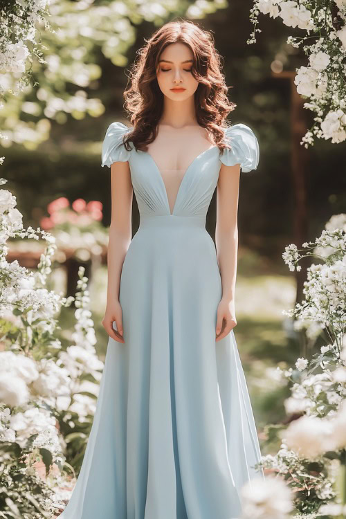 A woman in a light blue knee-length A-line dress with flutter sleeves and a cinched waist, standing near a garden wedding altar adorned with fresh white flowers