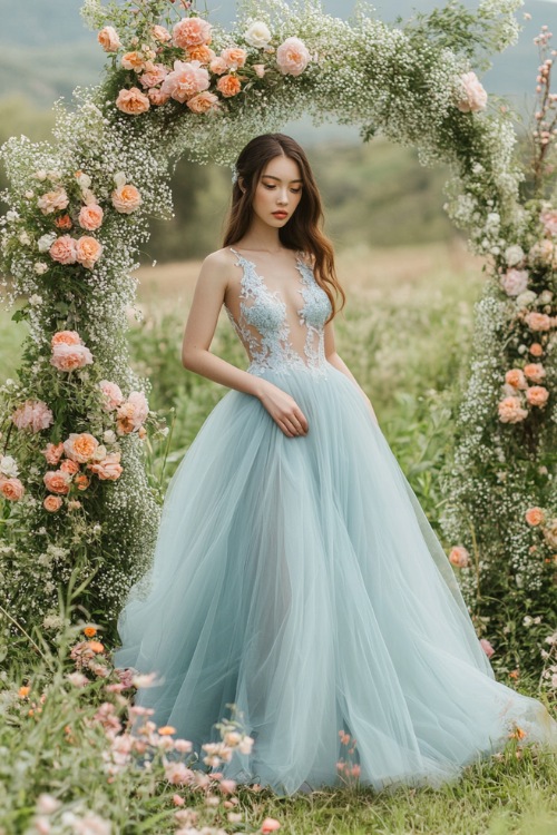 A woman in a light blue knee-length dress with a fitted lace bodice and a voluminous tulle skirt, standing beside a floral arch at a spring garden wedding