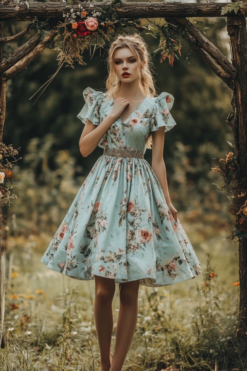 A woman in a light blue knee-length floral dress with a fitted bodice, puff sleeves, and a flared skirt, standing by a rustic garden wedding arch 