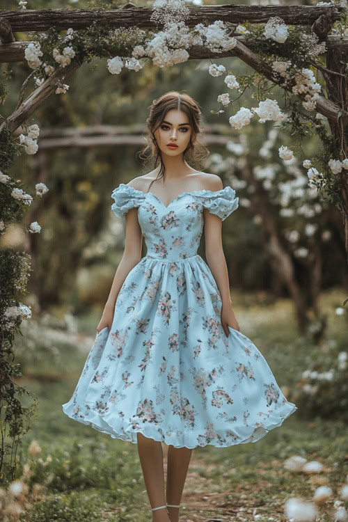 A woman in a light blue knee-length floral dress with a fitted bodice, puff sleeves, and a flared skirt, standing by a rustic garden wedding arch