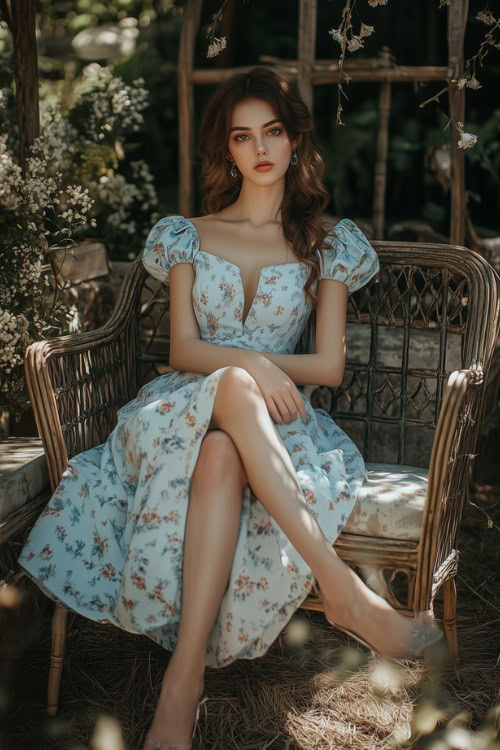 A woman in a light blue knee-length floral print dress with puff sleeves and a cinched waist, posing near a vintage-inspired wedding seating area