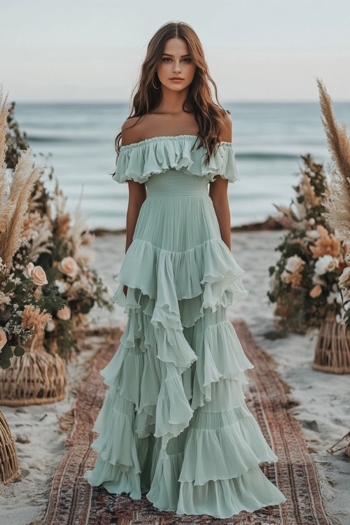 A woman in a mint green off-shoulder maxi dress with tiered ruffles, standing on a bohemian-style beach wedding aisle lined with woven rugs and floral arrangements