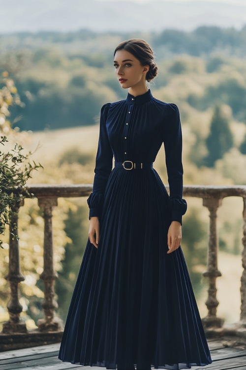 A woman in a navy blue knee-length dress with pleated skirt, puff sleeves, and a delicate belt, standing on a rustic wedding deck overlooking a scenic countryside