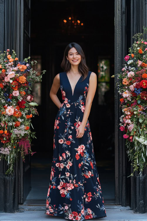 A woman in a navy blue knee-length floral print dress with cap sleeves, a V-neckline, and an empire waist, standing near a classic wedding venue entrance