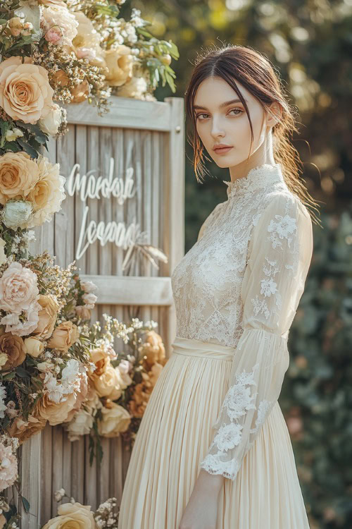 A woman in a pale yellow midi-length dress with long lace sleeves, a high neckline, and a gently pleated skirt, standing beside a wedding welcome sign decorated