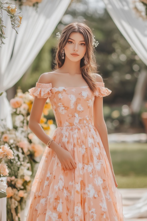 A woman in a peach-colored midi-length floral dress with a square neckline, puff sleeves, and a flowing A-line skirt, posing near an outdoor wedding reception