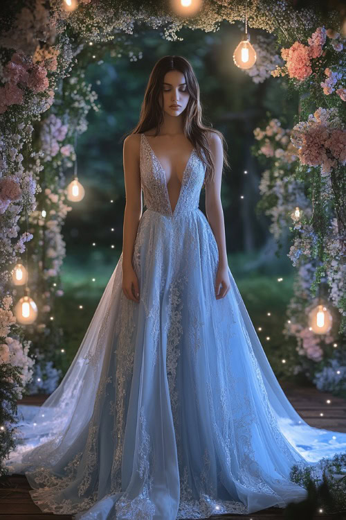 A woman in a powder blue floor-length gown with a plunging neckline and intricate lace embroidery, standing beneath a floral wedding arch under twinkling fairy lights