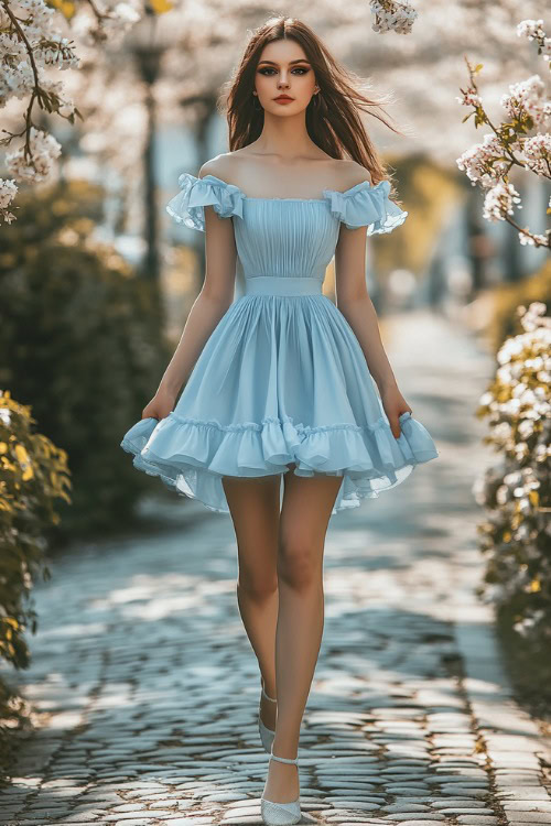 A woman in a powder blue knee-length cocktail dress with ruffle sleeves and a cinched waist, walking along a cobblestone wedding path