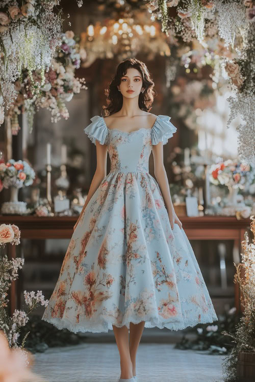 A woman in a powder blue knee-length floral dress with ruffled cap sleeves and a delicate lace-trimmed hem