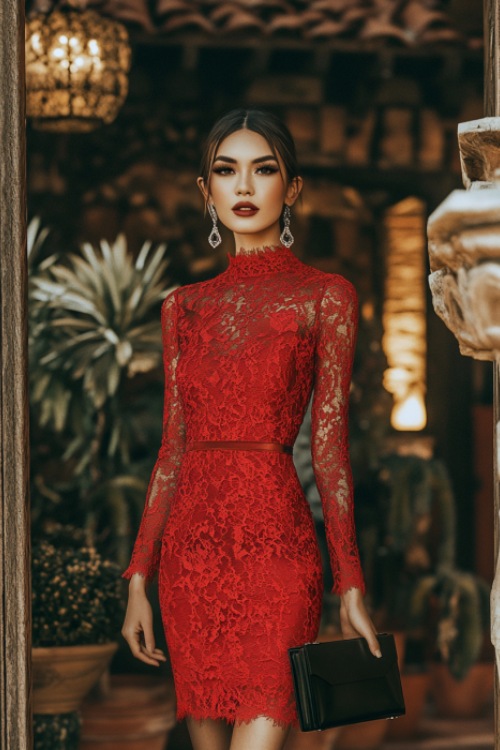 A woman in a red lace knee-length cocktail dress with long sleeves and a high neckline, styled with a black leather clutch, posing near an elegant wedding setup