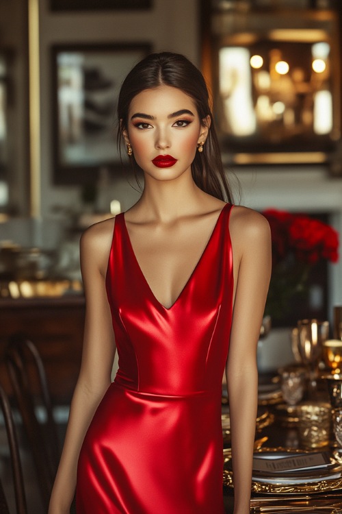 A woman in a red satin midi-length slip dress with thin straps and a cowl neckline, wearing bold red lipstick