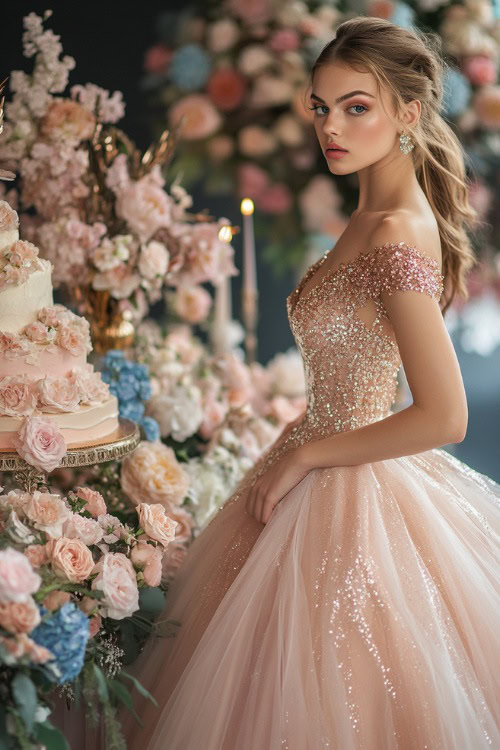 A woman in a rose gold tea-length dress with a structured bodice and a shimmering tulle skirt, standing by an opulent wedding cake table