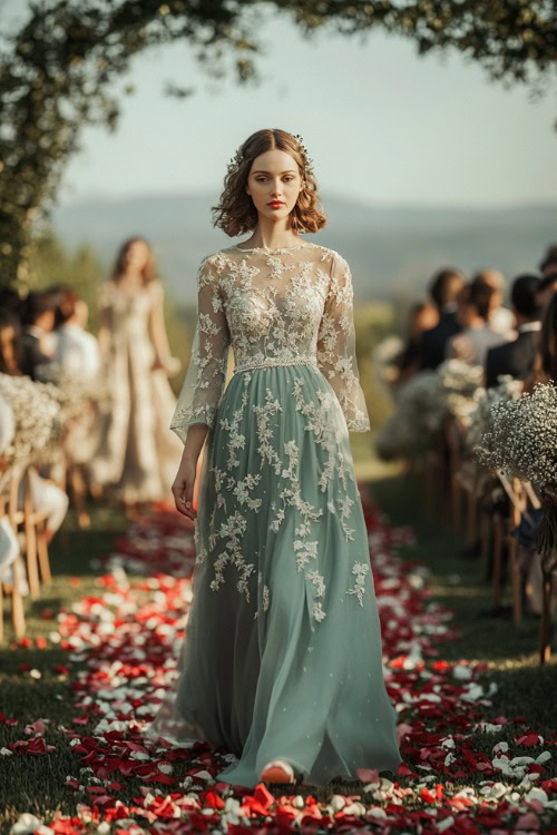 A woman in a sage green knee-length A-line dress with delicate white floral embroidery and sheer long sleeves, walking down a wedding aisle covered in rose petals