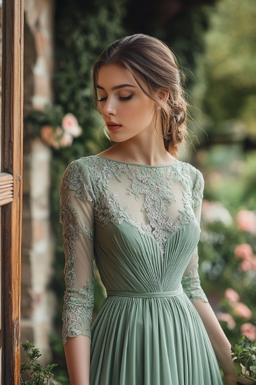 A woman in a sage green midi-length dress with lace sleeves, a fitted bodice, and a soft pleated skirt, standing by a charming countryside wedding venue