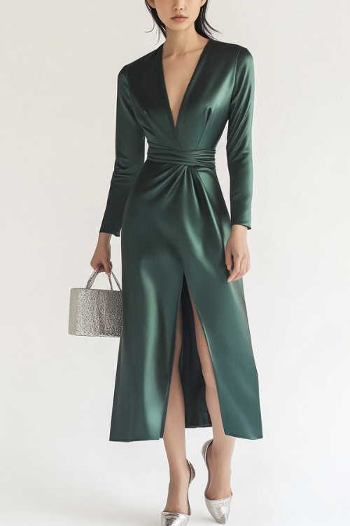 A woman in a satin wrap dress with a deep V-neckline, cinched waist, and long sleeves, styled with ankle-strap heels and a small metallic handbag