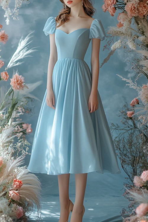 A woman in a sky-blue knee-length cocktail dress with cap sleeves and a fitted bodice, standing beside a floral wedding arch with soft pastel decorations (2)