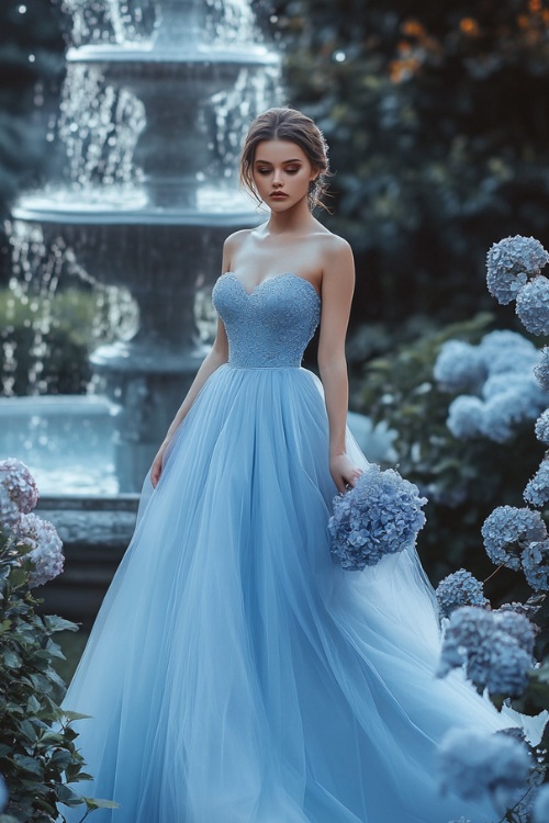 A woman in a sky-blue midi-length dress with an empire waist and flowing tulle skirt, standing near a spring wedding fountain with soft floral arrangements