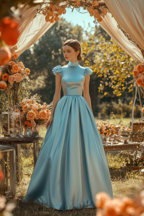 A woman in a sky-blue midi-length satin dress with a high neckline, standing near a garden wedding setup with vintage decor