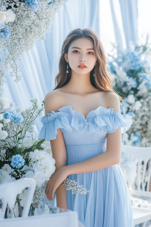 A woman in a sky-blue off-shoulder midi dress with ruffle detailing, posing next to a simple wedding setup with white chairs and fresh floral arrangements