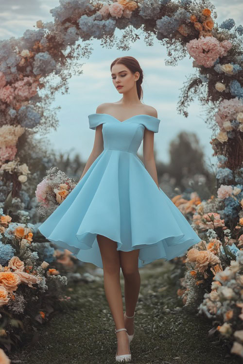 A woman in a sky-blue off-the-shoulder knee-length cocktail dress with an A-line skirt, standing in front of a wedding arch decorated with pastel-colored flowers