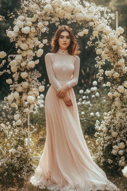 A woman in a soft blush knee-length A-line dress with long bishop sleeves and a high neckline, standing near a romantic wedding arch adorned with white roses