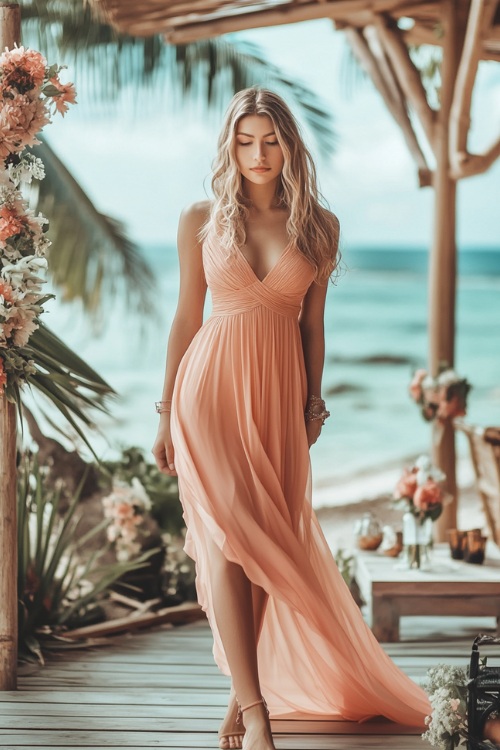 A woman in a soft coral high-low dress with cap sleeves, standing on a wooden deck near a beach wedding setup with tropical flowers in the background