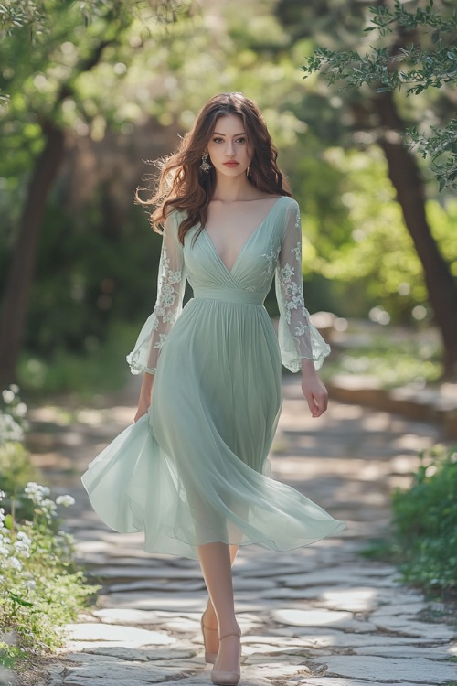 A woman in a soft mint green knee-length A-line dress with a fitted bodice, sheer long sleeves, and a delicate floral print