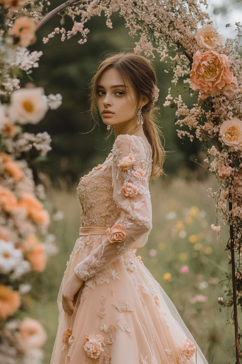 A woman in a soft peach midi-length dress with romantic floral appliqués, sheer bishop sleeves, and a belted waist, standing under a floral wedding arch