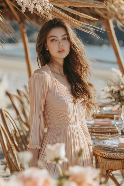 A woman in a soft peach pleated midi dress, standing near a boho-style beach reception setup with woven chairs and pastel floral decor