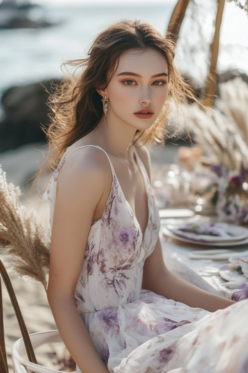 A woman in a soft white and lavender floral chiffon dress, posing beside a romantic beach wedding setup with neutral-toned decor and flowing linens