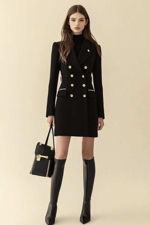 A woman in a tailored blazer dress with gold buttons, styled with ankle boots and a structured handbag