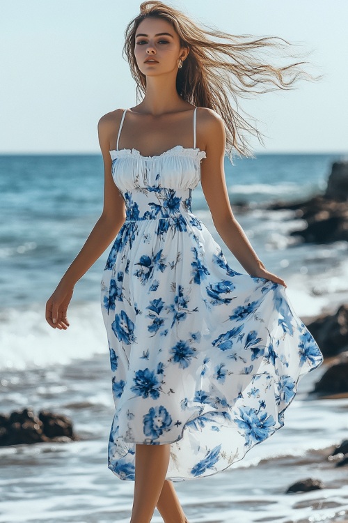 A woman in a white and blue floral sundress with a square neckline and a cinched waist, walking along the shoreline as the gentle sea breeze lifts the hem of her dress (3)