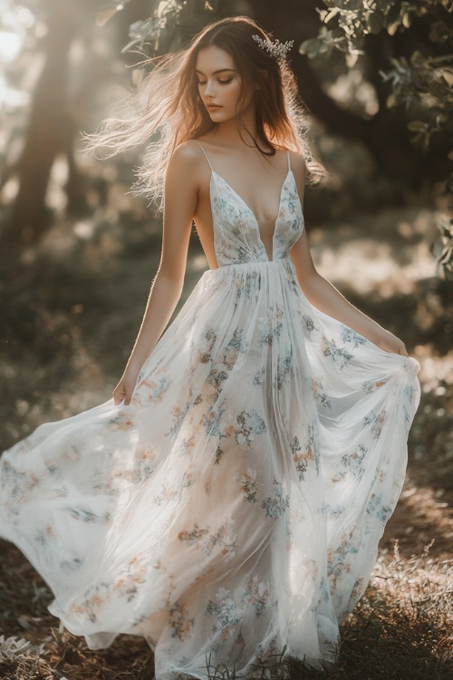 A woman in a white and light blue floral print dress with a delicate sheer tulle overlay, standing in a picturesque garden wedding with a soft breeze