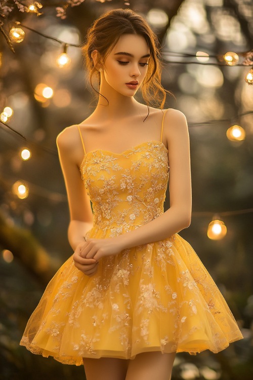 A woman in a yellow knee-length dress with a fitted bodice and soft floral lace overlay, standing in a romantic spring wedding reception under twinkling string lights