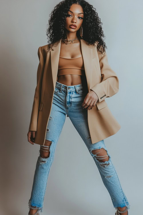 A woman in an oversized blazer over a crop top and ripped jeans, paired with sleek stiletto heels and a bold clutch