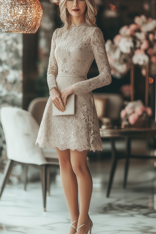 A woman over 40 in a knee-length A-line dress with lace sleeves, wearing elegant heels and a matching clutch, standing gracefully in a softly lit wedding venue with floral decorations