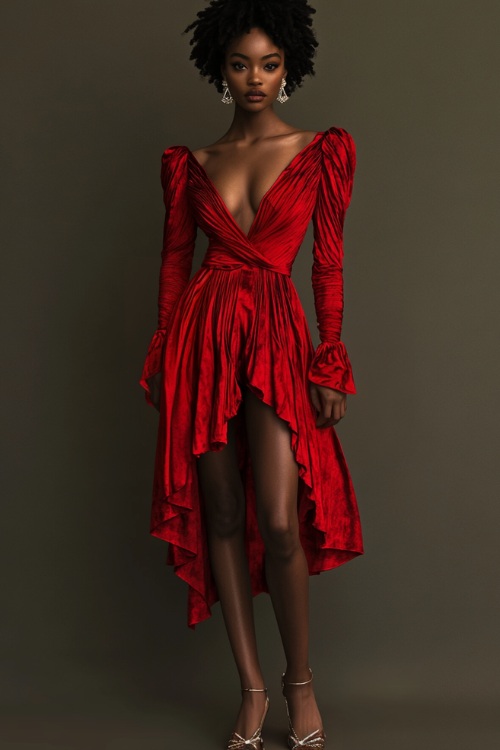 A woman styled in a bold red mini dress with long sleeves and side ruching, accessorized with strappy sandals and statement earrings