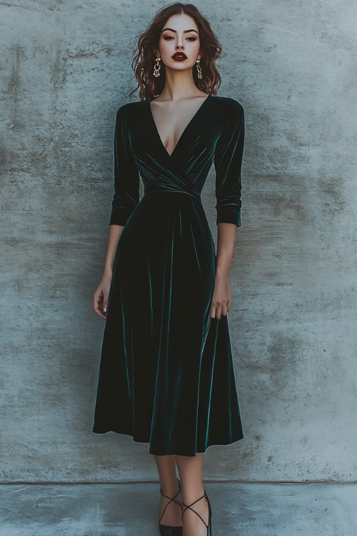 A woman styled in a deep-V velvet wrap dress with ruched detailing, accessorized with statement earrings and lace-up heels (3)