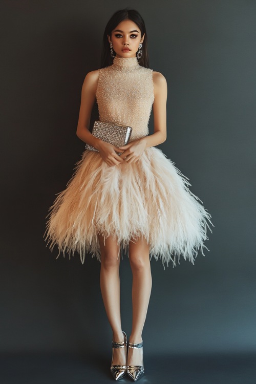 A woman styled in a feather-trimmed mini dress with a high neckline, accessorized with metallic high heels and a structured clutch