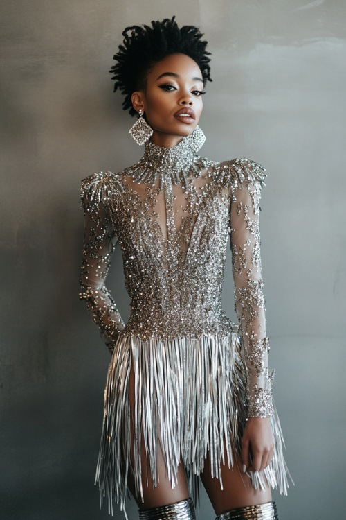 A woman styled in a glittering fringe dress with a high neckline, accessorized with statement earrings and heeled ankle boots