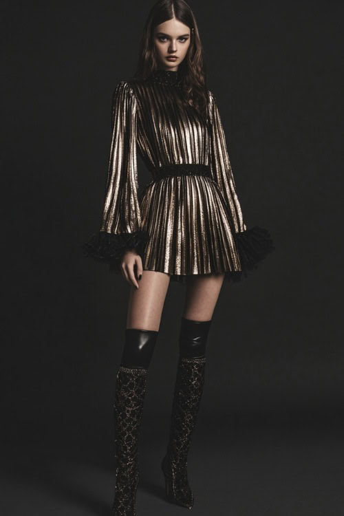 A woman styled in a metallic pleated mini dress with long sleeves, paired with thigh-high boots and a mini clutch