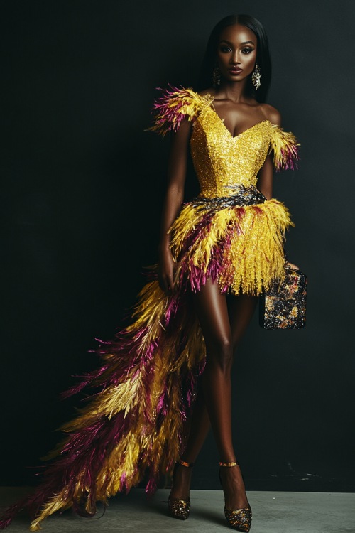 A woman styled in a sparkling feather-trimmed dress, paired with strappy heels and a bold clutch 