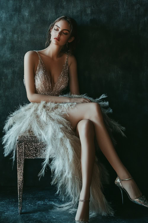 A woman styled in a sparkling feather-trimmed dress, paired with strappy heels and a bold clutch