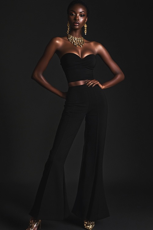 A woman styled in a strapless jumpsuit with a cinched waist and flared pants, accessorized with bold gold jewelry and platform heels (3)