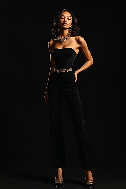 A woman styled in a strapless jumpsuit with a cinched waist and flared pants, accessorized with bold gold jewelry and platform heels