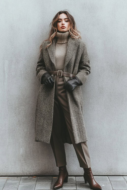 A woman wearing a belted wool coat over a turtleneck sweater and wide-leg trousers, styled with heeled ankle boots and leather gloves