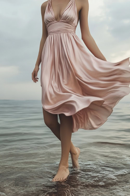 A woman wearing a blush pink satin slip dress with a soft draped neckline, standing barefoot near the water’s edge, her dress gently moving with the breeze